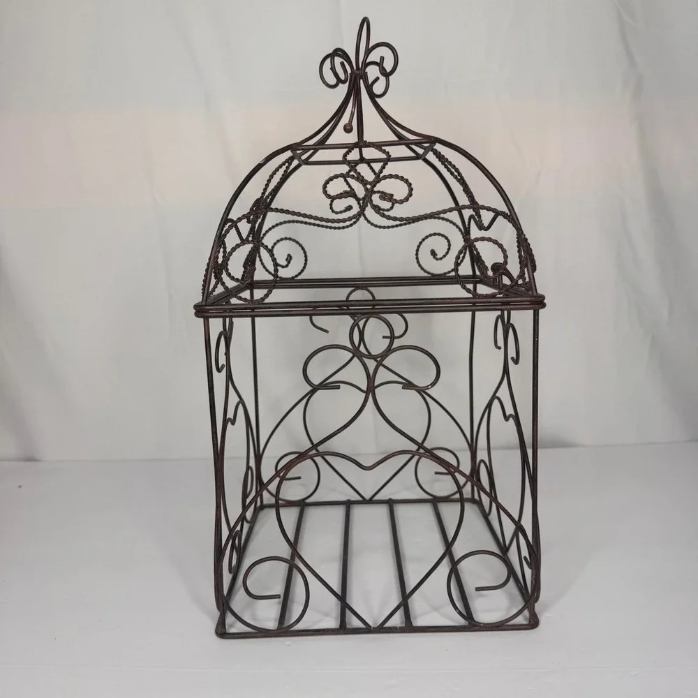 Vintage Cottagecore Bronze Wire Decorative Birdcage Heart Scrollwork Decor 13 in
